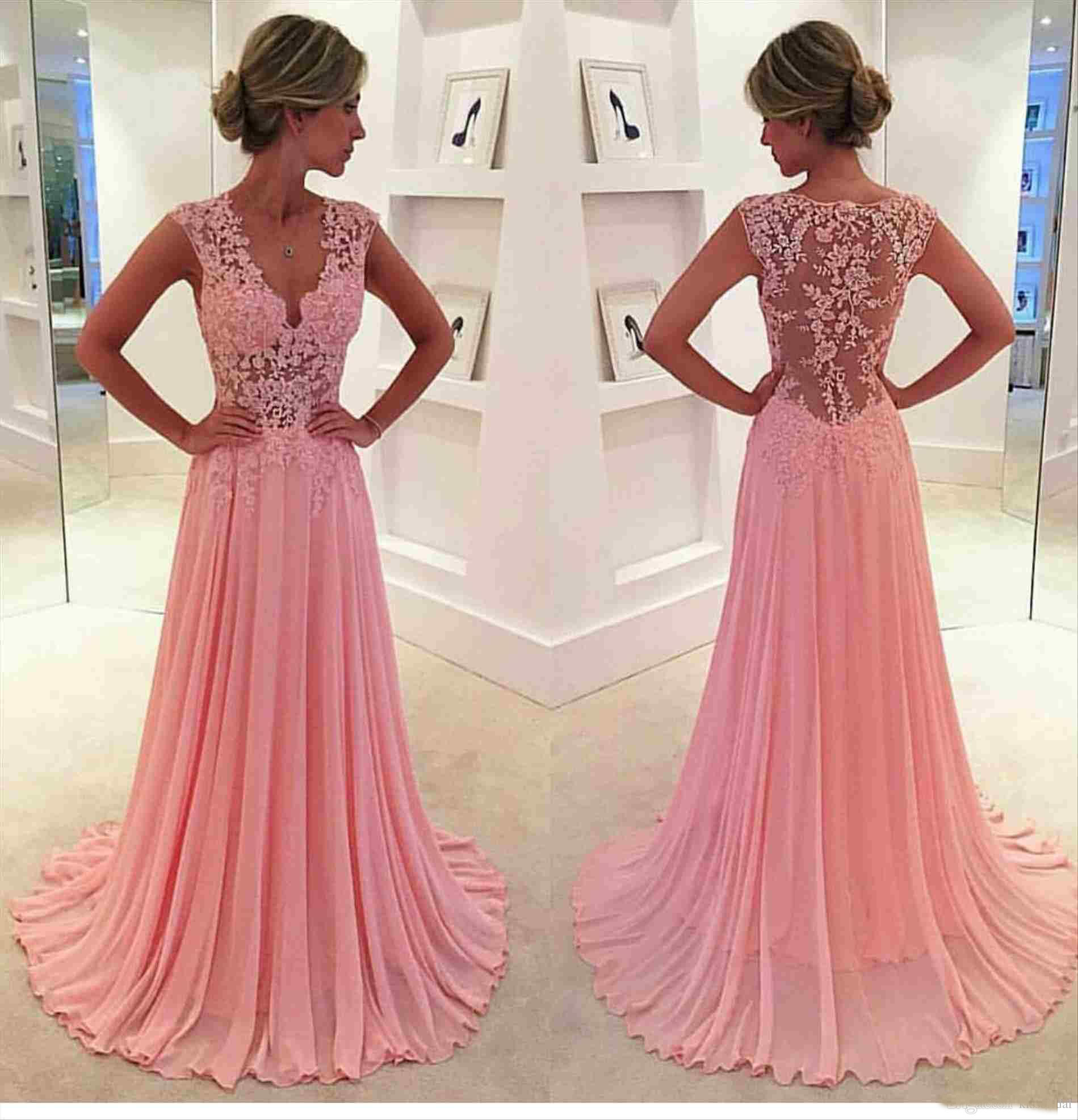 Pink Long Prom Dresses Elegant Evening Formal Dress 2018 A Line V Neck Cap Sleeve Lace Chiffon Celebrity Party Gown