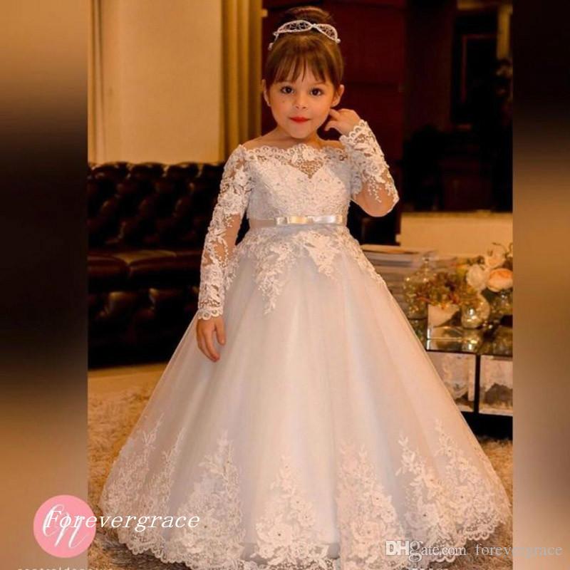 Free Shipping Vintage Princess Flower Girl Dresses 2019 High Quality Boat Neck Lace Long Sleeves Pretty Kids First Holy Communion Dress
