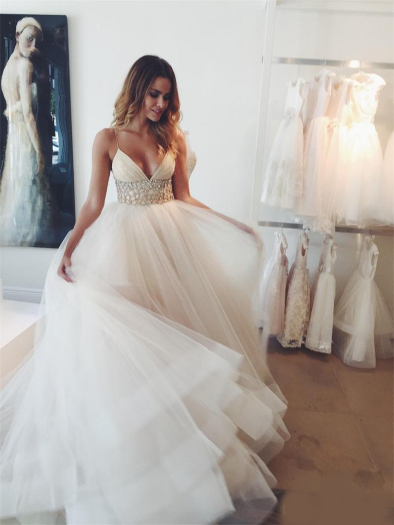 Beach Wedding Dresses Modest Spaghetti Strap Sash Beads Sequins Cheap Bridal Dress Tulle Tutu Layers Zipper Back Bohemia Wedding Gowns