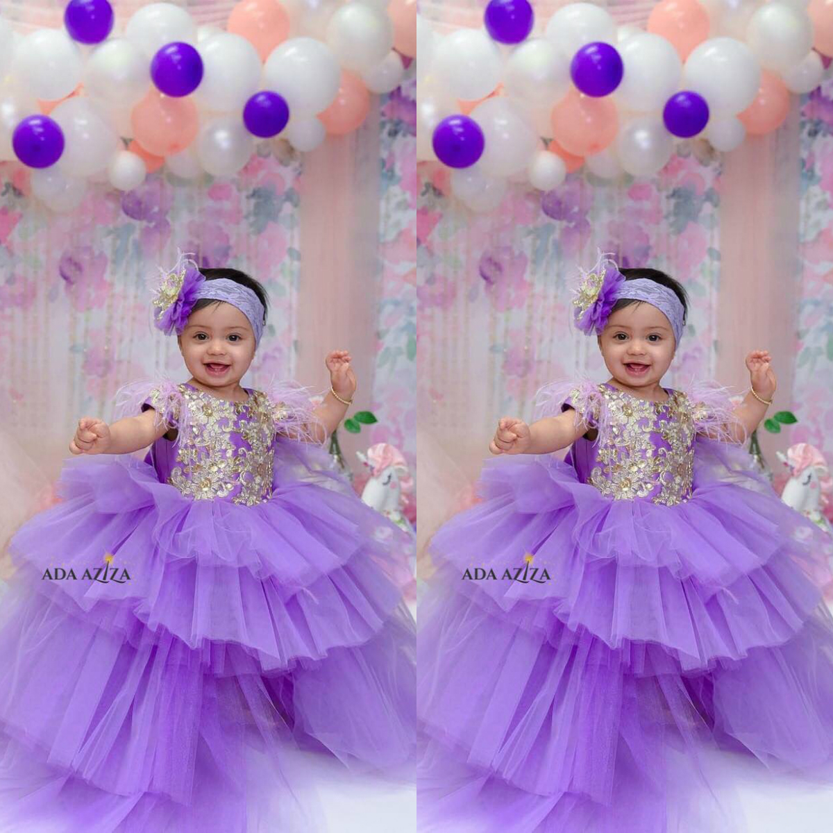 Purple Flowers Girls Dresses Jewel Lace Appliques Sequins Feather Tiered Skirts Ruffles Kids Pageant Gowns Prom Party Dress For Wedding