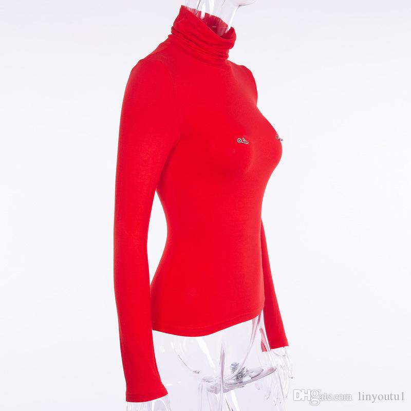 2020 Turtleneck Skinny Hanging Ring Decoration Tops Autumn Women Slim Elastic Long Sleeve T-Shirt Solid Streetwear Pullovers