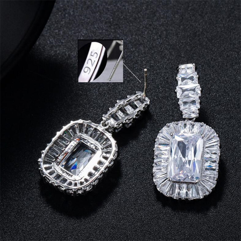 2020 New Sparkling Luxury Jewelry 925 Sterling Silver Big princess Cut Blue Sapphire CZ Diamond Dinner Party Women Drop Dangle Earring Gift