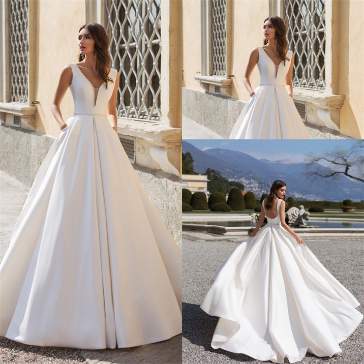 simple generous wedding v neck beaded sleeveless bridal dress court train satin illusion backless custom made robes de marie