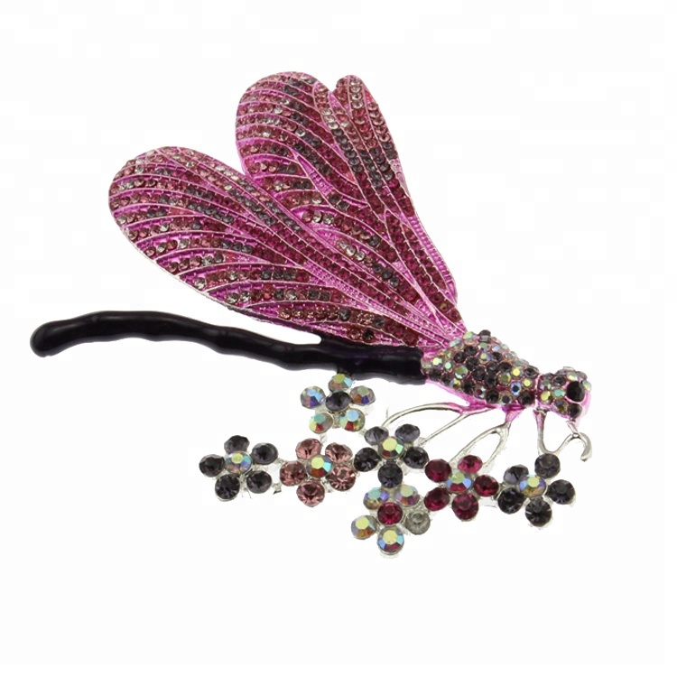 50PCS/Lot 4.3 Inch Insect Dragonfly Flower Brooches For Women Purple Animal Crystal Rhinestone Pin Brooch