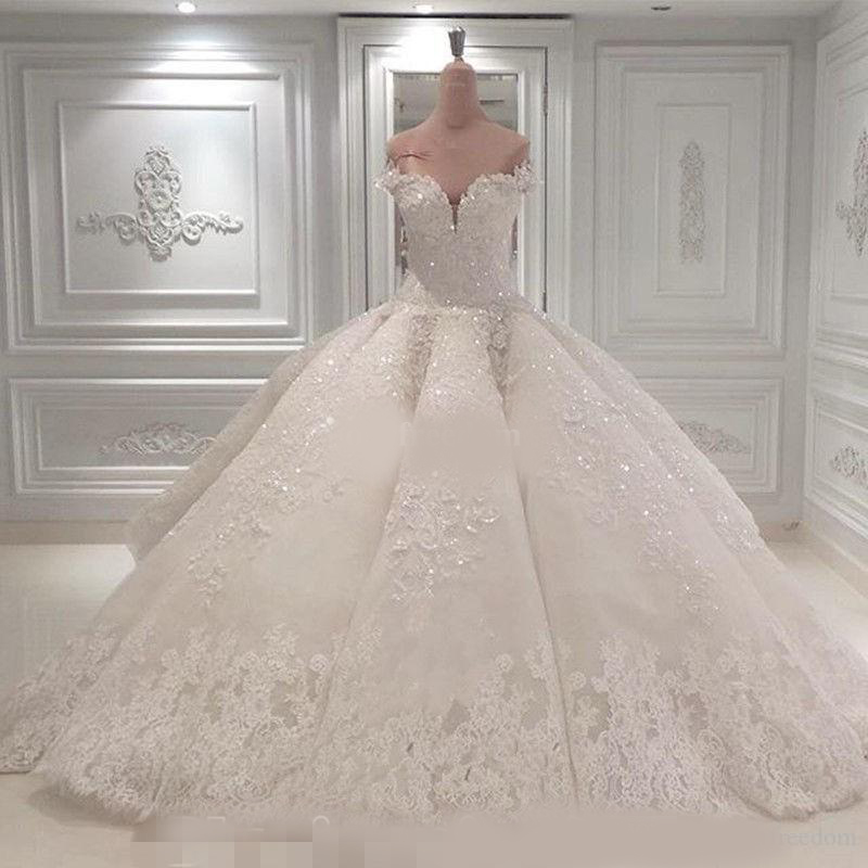 Vestido De Noiva Ball Gown Wedding Dresses 2020 Off The Shoulder Cathedral Train Lace Appliques Bridal Gown For Church Custom Made