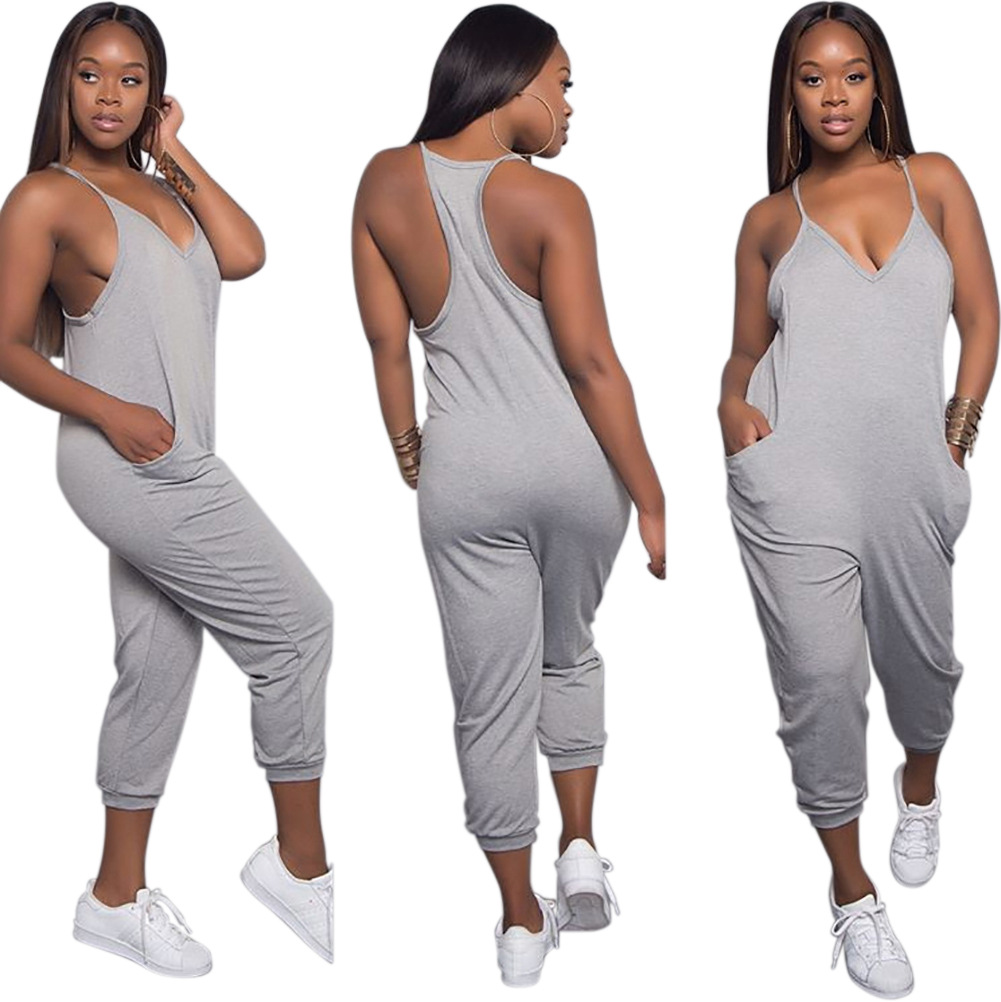 Jumpsuits European solid color sexy sling V-neck sleeveless halter hood casual street double pocket jumpsuit support mixed batch