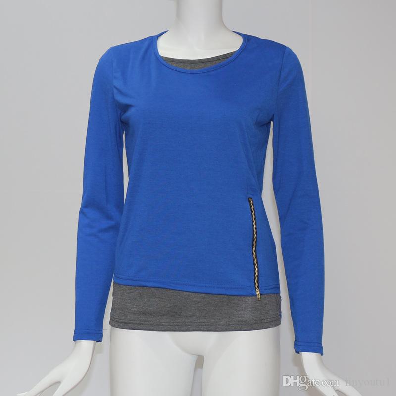 2020 Women t shirt Casual Long Sleeve Tops Zipper Fake Two Pieces Tee Shirt Fashion Ladies Tunic Tops Plus Size 5XL
