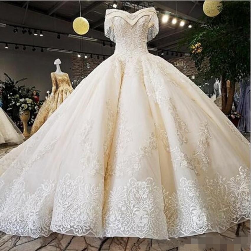 Ball Dresses Beaded Tassle Elegant Off the Shoulder Embroidery Lace Applique Tulle Beading Wedding Bridal Gown