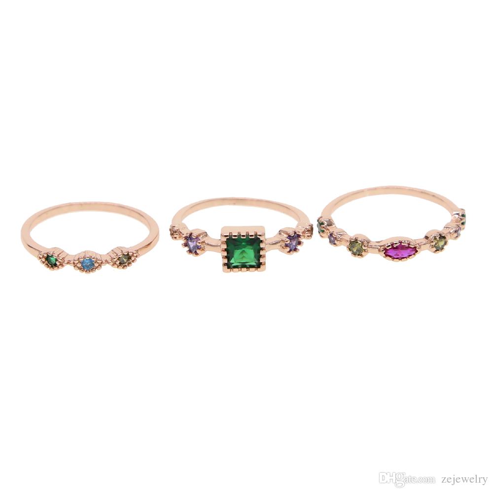 2018 New fashion charm jewelry 3Pcs sets elegant colorful cz Oval Ring for women Elegant rose gold color square wedding midi Ring jwerlry