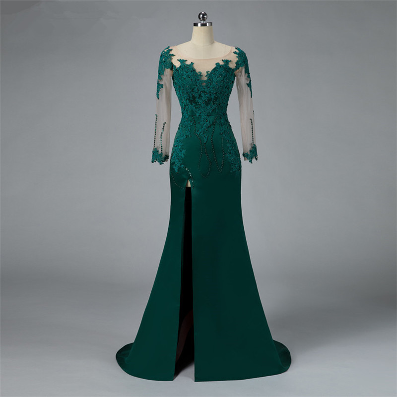 setwell dark green satin mermaid evening dresses custom side split gown detachable train long sleeves prom dress robe de soiree