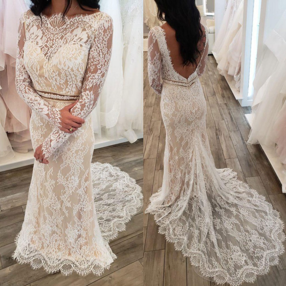 Mermaid Lace Classy Backless Wedding Dresses Bateau Neck Long Sleeves Bridal Gowns Sweep Train Custom Made Trumpet Robe De Marie