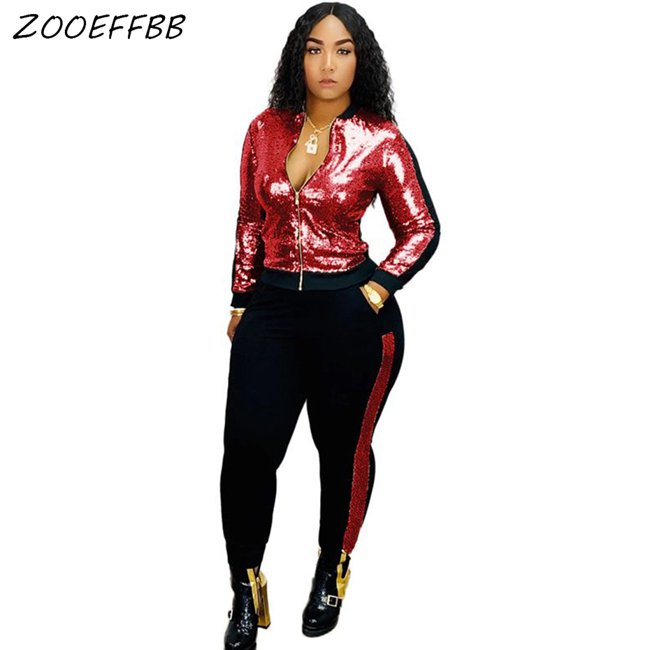 ZKYZWX Plus Size Sequin 2 Piece Set Women Fall Winter Festival Clothing Jacket Pant Two Piece Matching Sets Sexy Club Outfits