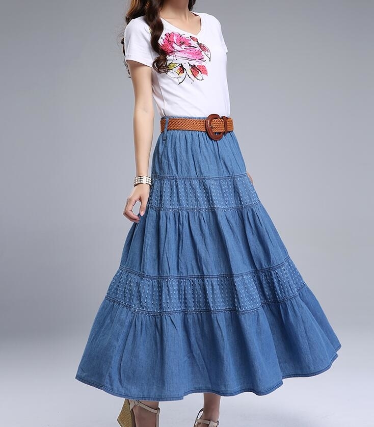 Women Summer Denim Skirts High Waist Plus Size Long Skirt Vintage Solid Color A-Line Jean Skirt With Belt 2019 Spring A5390 V191130