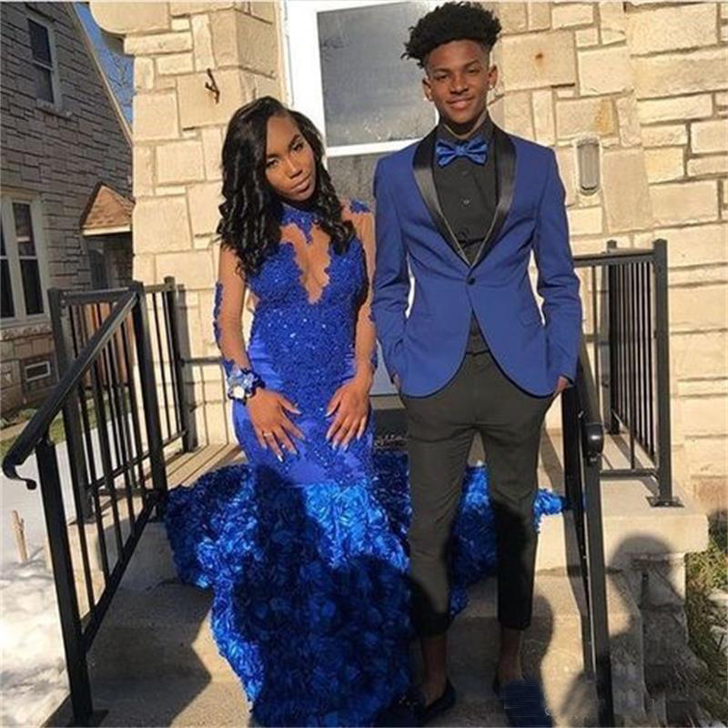 Royal Blue Mermaid Prom Dresses 2019 Long Sleeve Sweep Train 3D Flowers Applique Formal Evening Dress Party Gowns