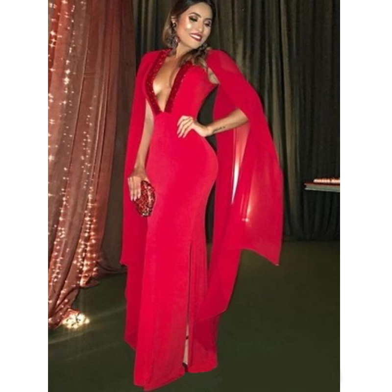 Red Mermaid Evening Dresses Deep V Neck Side Split Beads Long Formal Prom Party Gowns vestidos de fiesta Plus Size Special Occasion Dress