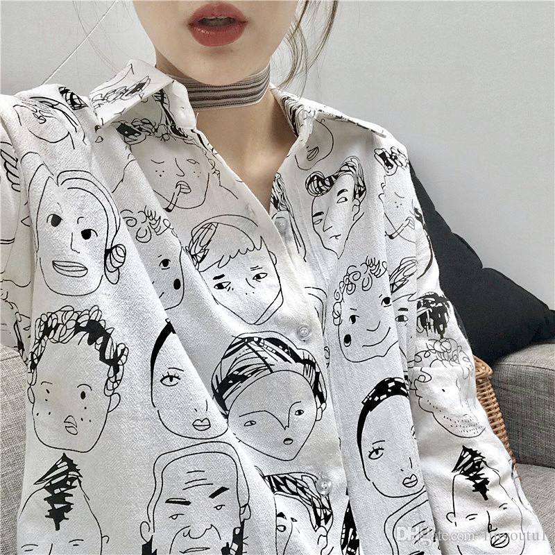 2020 Women's Black and White Patterned Blouse Single Breasted Blouse Casual Long Sleeve Shirt Female Cartoon Cotton Tops