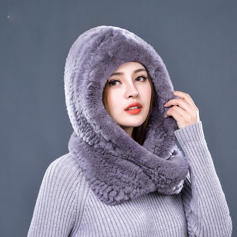 [Rancyword] Hat Women 2017 New Knitted Real Rex Rabbit Fur Hat Hooded Scarf Winter Warm Natural Fur Hat With Neck Scarves RC1319 Y18120302