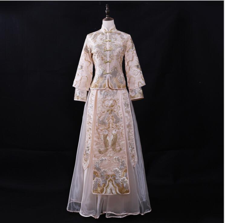 Champagne Light Cheongsam Wedding Gown Summer Slim Bride Outdoor Traditional Chinese Style Wedding Dress Su Embroidery clothing