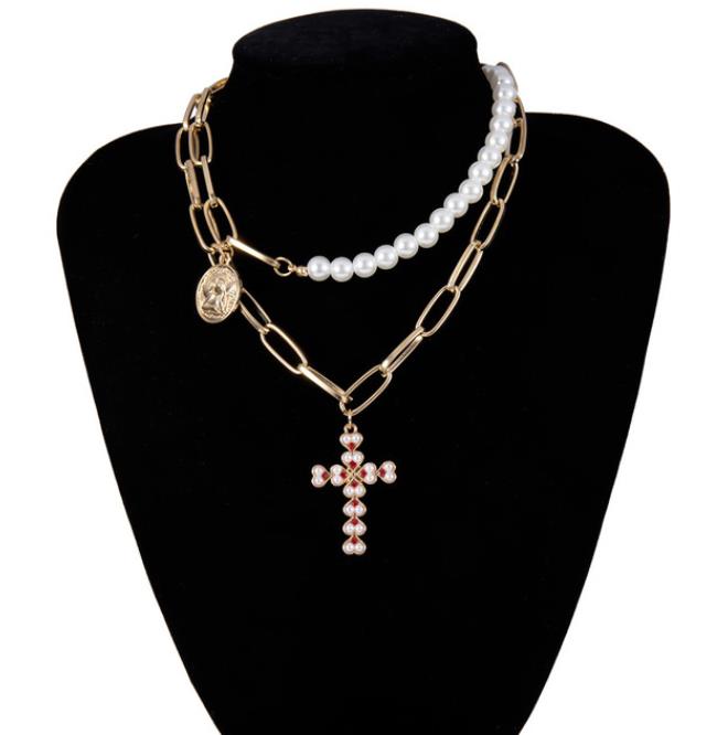 Fashion- Multi Layered Pearl Choker Necklace Collar Statement Virgin Mary Coin Crystal Pendant Necklace Women Jewelry