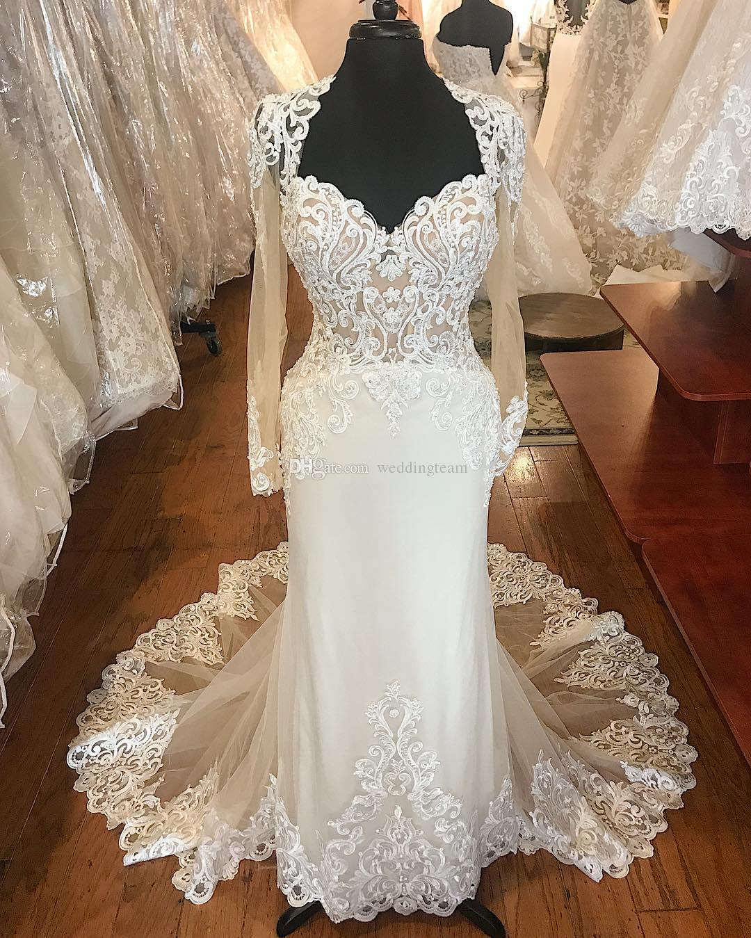 Graceful Lace Mermaid Wedding Dresses Sweetheart Neck Long Sleeves Backless Bridal Gowns Plus Size Appliqued Wedding Dress Cheap