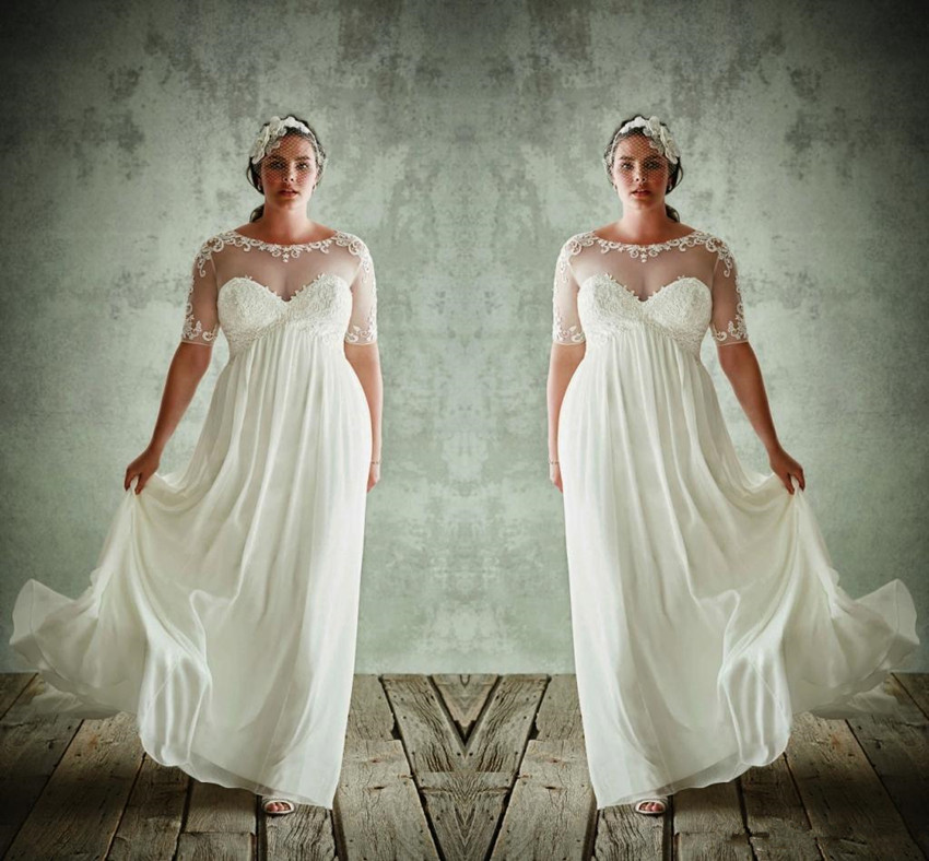 2020 New Plus Size Wedding Dresses With Half Sleeves Sheer Jewel Neck A Line Lace Appliqued Bridal Gowns Chiffon Empire Waist Wedding Dress, Brown
2020 New Plus Size Wedding Dresses With Half Sleeves Sheer Jewel Neck A Line Lace Appliqued Bridal Gowns Chiffon Empire Waist Wedding Dress, Brown