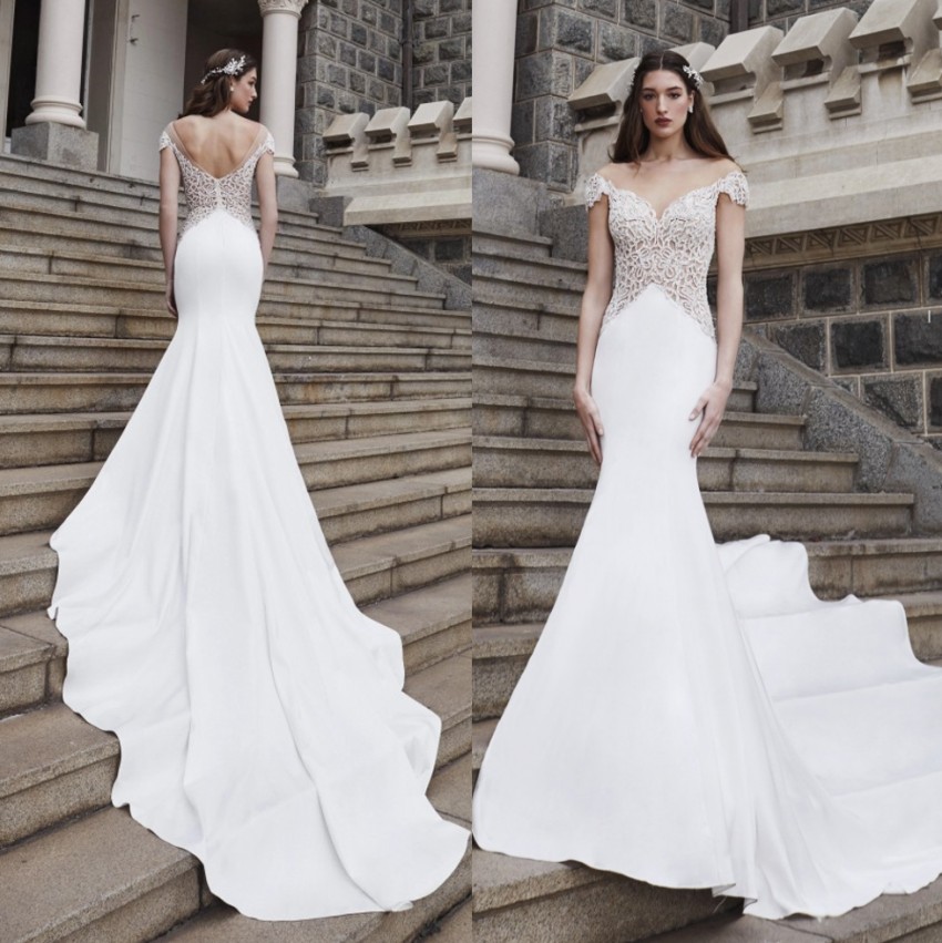 Mermaid Amazing Beaded Lace Wedding Dresses Sheer Bateau Neck Bridal Gowns Backless Sweep Train Robes De Mari E