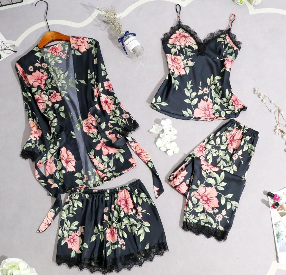 Autumn Women Pamas Sets Sleep Comfort Satin Sleepwear Lace Silk 5 Pieces Camisole+Robe+Pants Pyjama Femme Home Suit