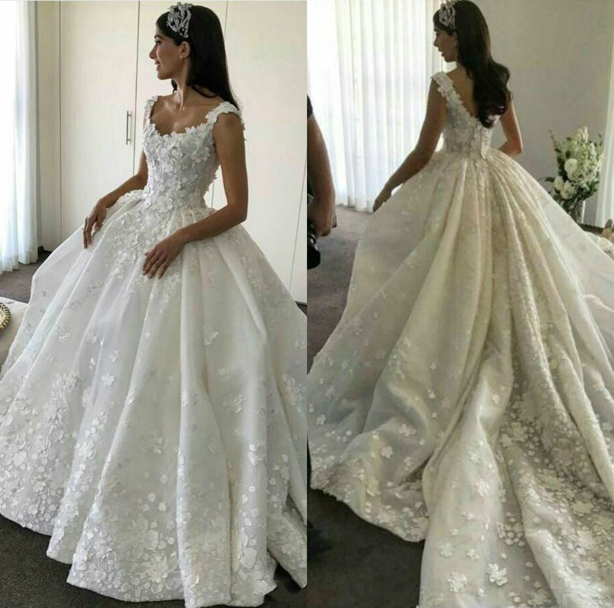 2020 Gorgeous Ball Gown Wedding Dresses Dubai Scoop Neck Lace 3D Floral Applique Country Wedding Dress Court Train Vintage Bridal Gowns