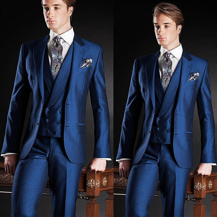 Slim Fit Navy Blue Wedding Tuxedos Peaked Lapel Formal Men Pant Suits Double Breasted Vest (Jacket+Vest+Pants) Custom Made Prom Blazer