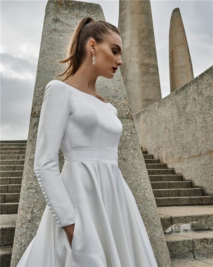 A Elbeth Gillis Line Dresses Jewel Neck Long Sleeves Lace Satin Beach Backless Sweep Train Wedding Dress Bridal Gowns Robe Vestidos