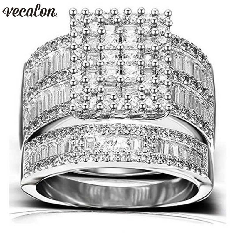 Vecalon Charm Promise Ring Set 925 sterling silver Princess Cut Diamond Cz Engagement Wedding band rings for women Bridal Jewelry