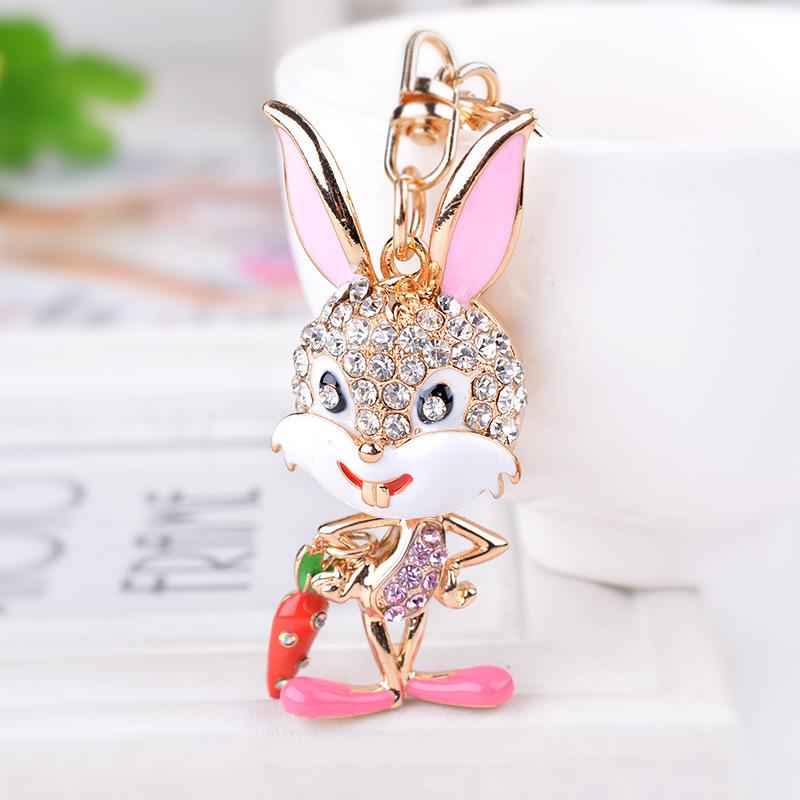 Metal Key Ring Chain Super Cute Bunny Keychains Pink Blue Enamel Rhinestone Animal Pendant Gold Color Creative Children Jewelry