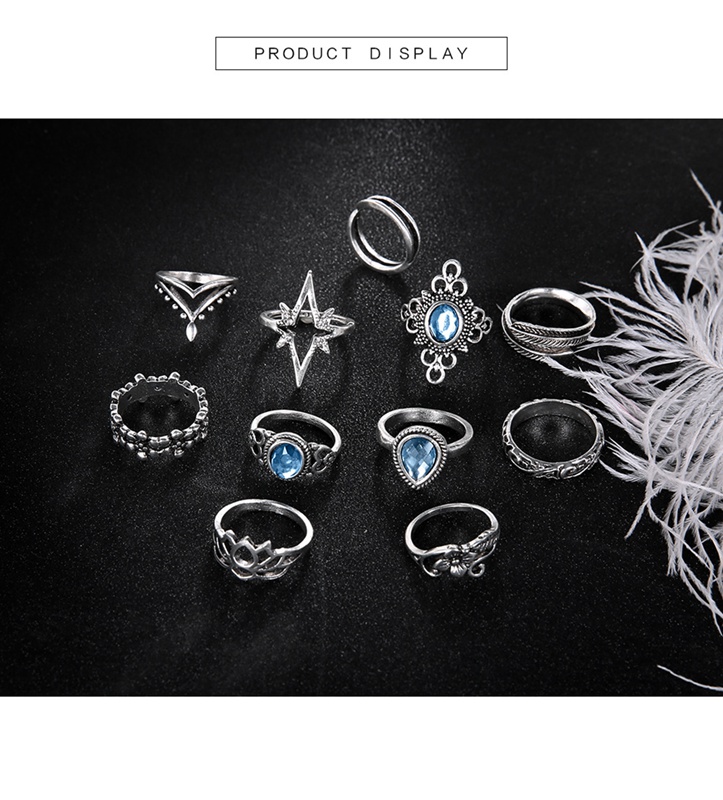 Knuckle ring set retro diamond carved starry gemstone 11 piece set boho can be superimposed ring female silver