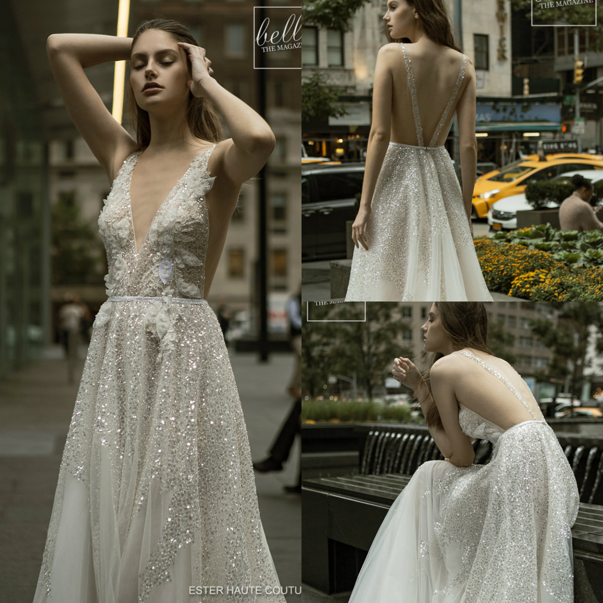 Sparkle Beach Wedding Dresses Major Sequins A Line Deep V Neck Sweep Train 3D Floral Appliques Backless Wedding Dress Boho Bridal Gowns