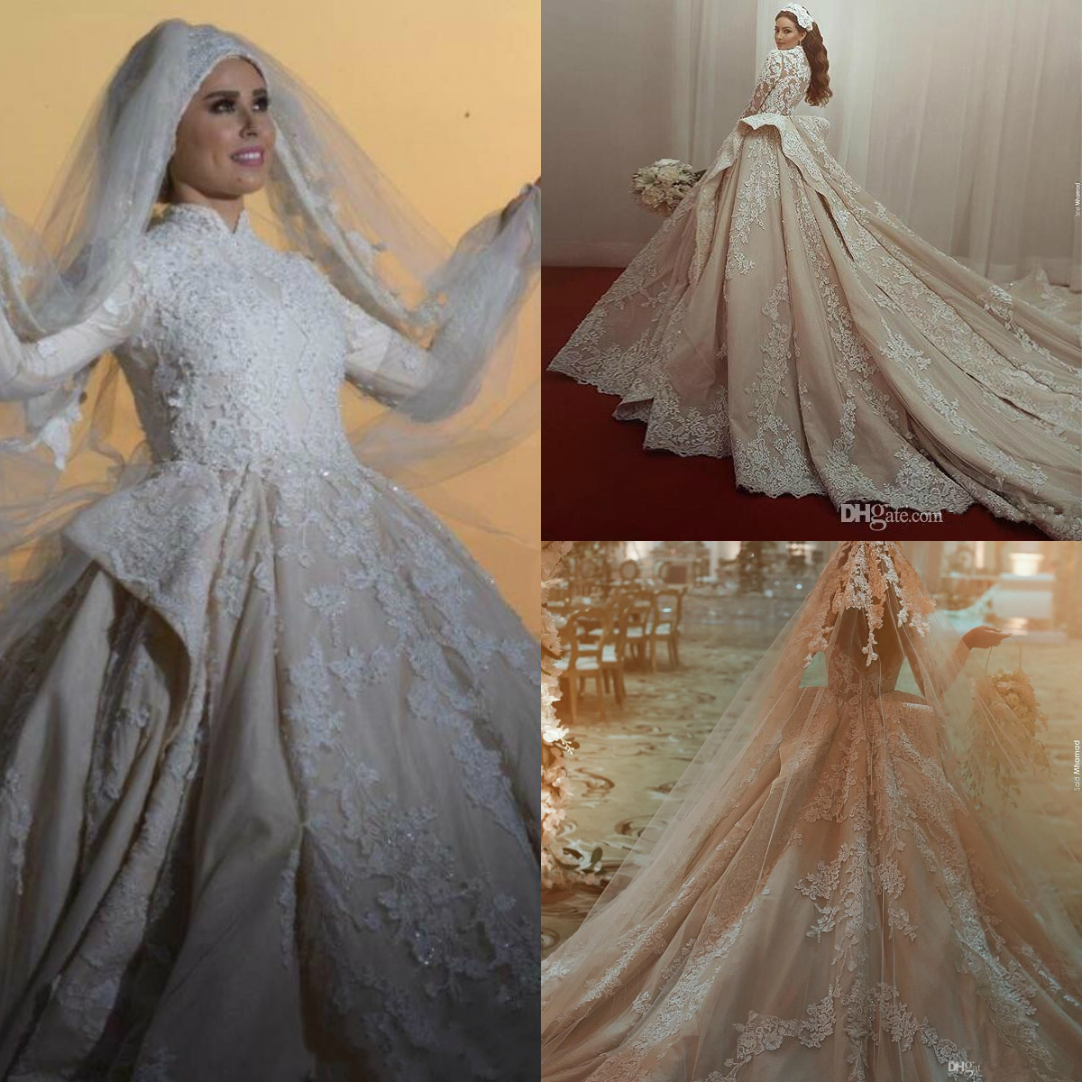 Luxury Gorgeous Saudi Arabia Muslim Wedding Dresses Long Sleeve Bridal Gowns High Neck Lace Appliqued Beads Vestido de novia Wedding Dress