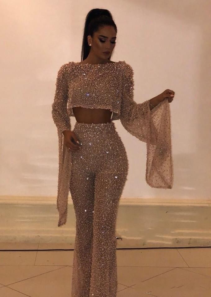 2019 Sparkly Sequined Two Pieces Pant Suit Prom Dresses Sheath Long Sleeves Plus Size Formal Dresses Party Evening Gowns Custom Made BC0240