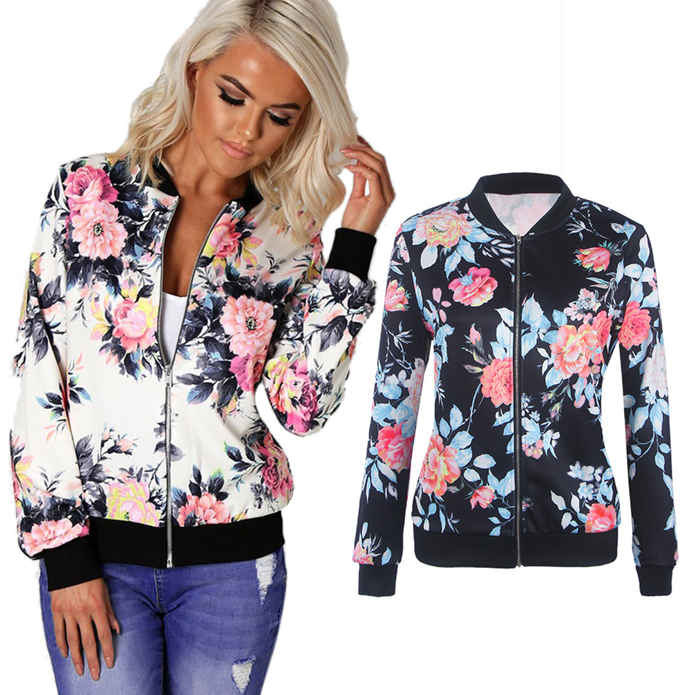 Women Retro Flower Floral Print Zipper Bomber Collar Slim Coat Casual Outwear Female Autumn Spring Jacket Fashion Ladies C19041501