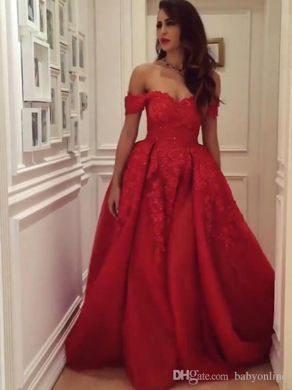 Gorgeous Red Arabic Formal Evening Dresses Off Shoulders A Line Tulle Lace Appliqued Beaded Prom Dress Red Carpet Dress Wear Custom Made