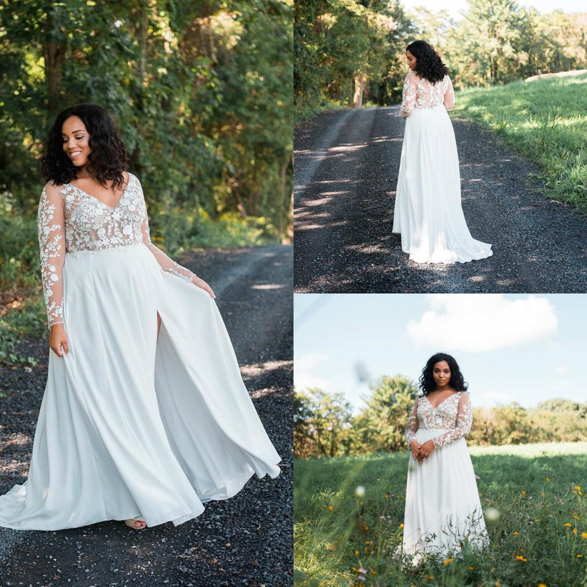 plus size wedding dresses a line v neck lace appliqued side split bohemian beach garden wedding dress long sleeve bridal gowns