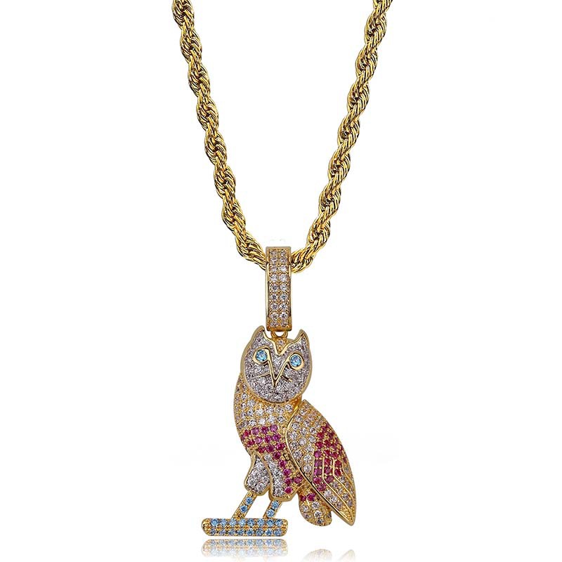 18K Gold Colorful CZ Zircon Owl Necklace Twist Chain Multi Color Iced Out Animal Pendant Hip Hop Rapper Jewelry Gifts for Men and Women