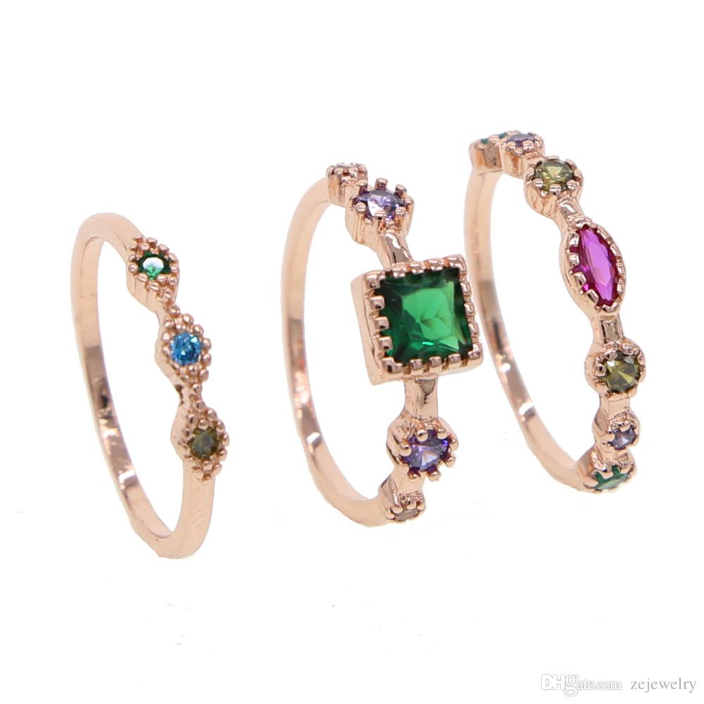 2018 New fashion charm jewelry 3Pcs sets elegant colorful cz Oval Ring for women Elegant rose gold color square wedding midi Ring jwerlry