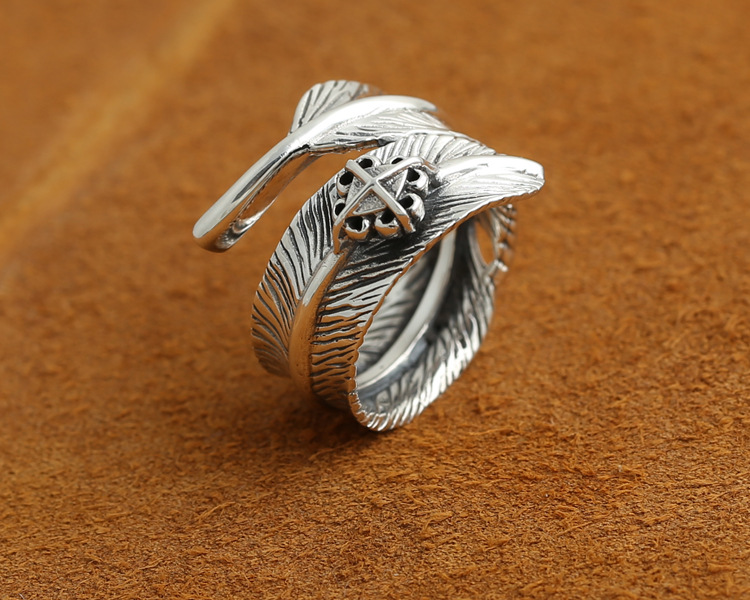 Brand 925 sterling silver jewelry antique silver American Japanese hand-made designer feather open adjustable rings for men women