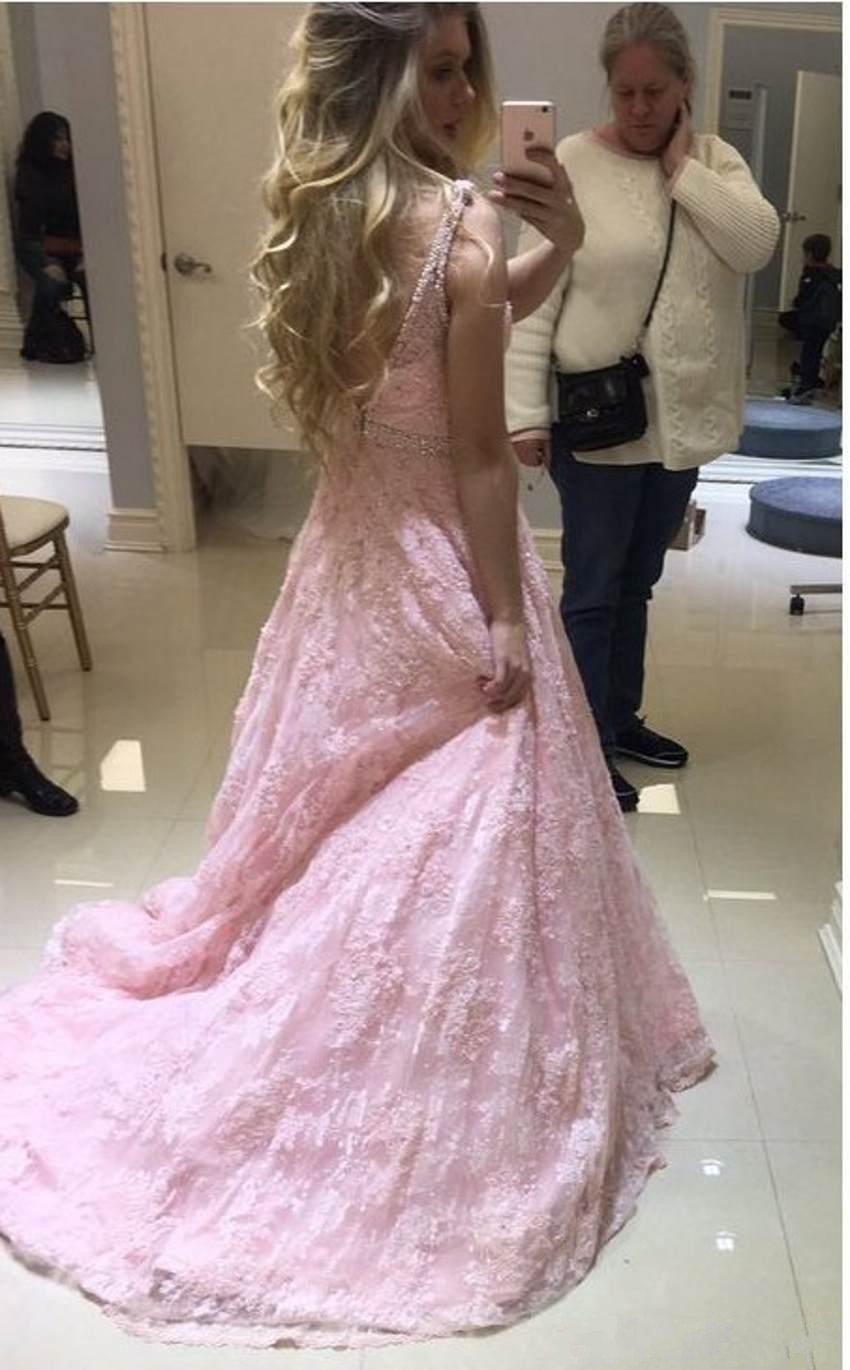 2019 Sexy Pink Prom Dresses Deep V Neck Lace Appliques Beads Sleeveless Open Back Sweep Train Plus Size Custom Party Dress Evening Gowns