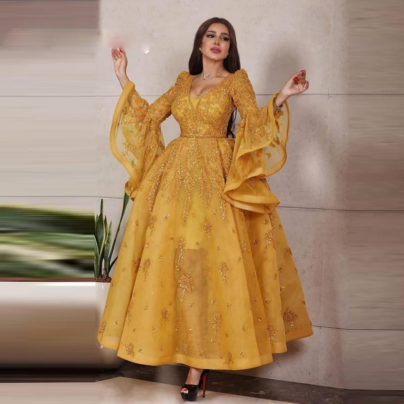 Dubai Arabic Evening Dresses With Poet Long Sleeve 2020 Gold Lace Appliques Sequined Organza Ankle Length Prom Dress, Dark red
Dubai Arabic Evening Dresses With Poet Long Sleeve 2020 Gold Lace Appliques Sequined Organza Ankle Length Prom Dress, Dark red