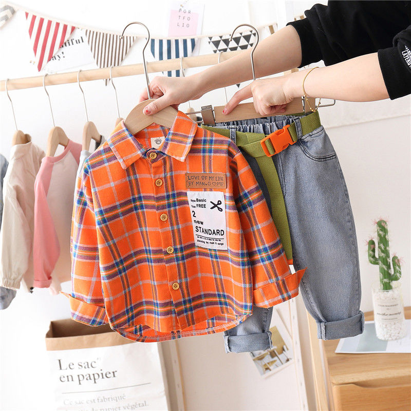 Baby boys clothes sets 2-9 years old spring and autumn 2-pieces-sets Patch Check Shirt + Belt Jeans kid autumn fashion Leisure, Green 
Baby boys clothes sets 2-9 years old spring and autumn 2-pieces-sets Patch Check Shirt + Belt Jeans kid autumn fashion Leisure, Green