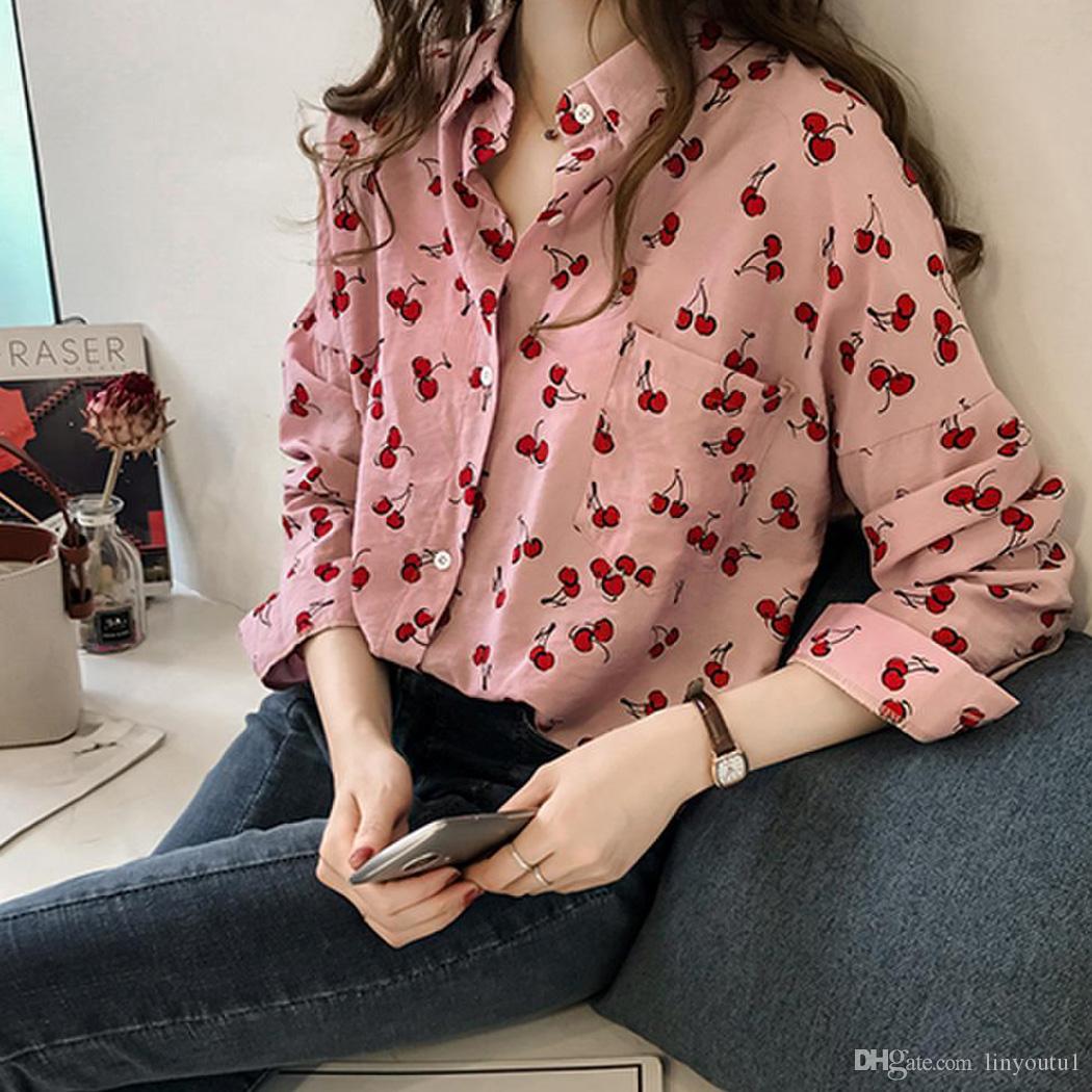 2020 Elegant Lapel Blouse Women Tops Sweet Cherry Print Shirts Long Sleeve Loose Spring Summer Ladies Office Shirt Plus Size