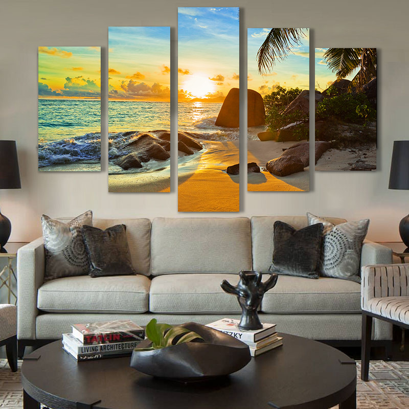 Modern Home Wall Art Decor Frame Modular Canvas Oil Pictures HD Print Painting 5 Panel Ocean Sunset Beach Seascape Poster No Framed