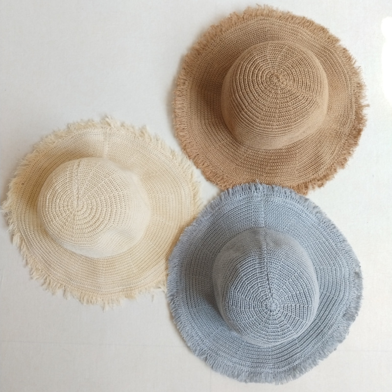 Handknitted solid color sun big hat bristle side breathable straw hat ladies summer sunscreen beach hat foldable2865004