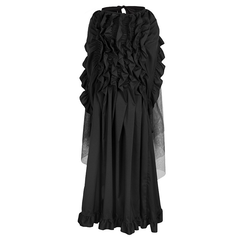 Women's Plus Size S-6XL Retro Gothic Multi-layered Tulle Mesh Ruffled And Pleated Asymmetrical Ties Front Open Silhouette Tiered Long Skirt