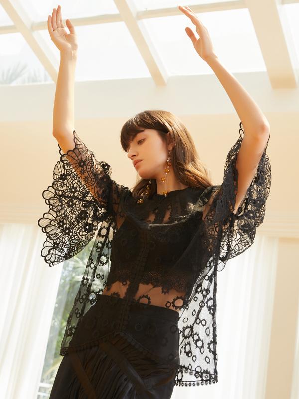 2020 Summer original design lace shirt transparent hollow out bat sleeve women shirt, Black
2020 Summer original design lace shirt transparent hollow out bat sleeve women shirt, Black